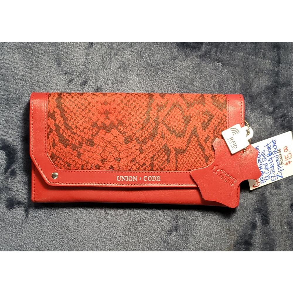 Red, Genuine Leather Clutch / Wallet. RFID Protection, 12 Card Slots, E.Z. Slide